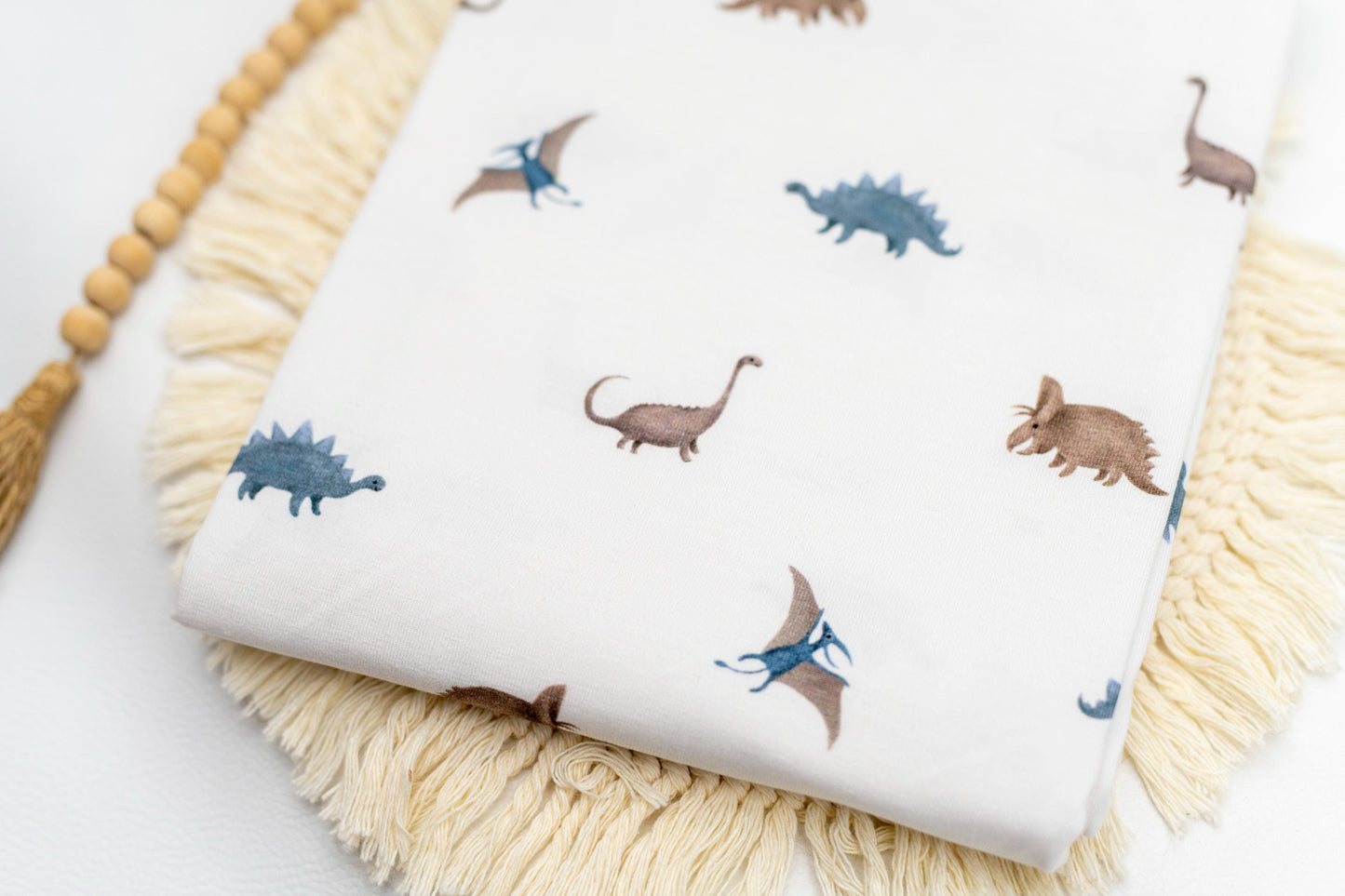 Jersey Stoff - Dino & Streifen - weiß - blau
