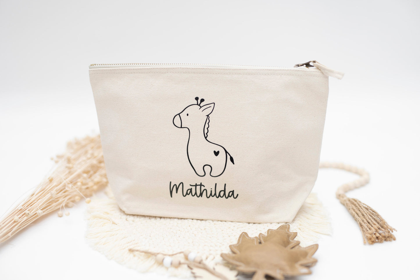 Windeltasche Kosmetiktasche Name + Giraffe personalisiert Natur beige Baumwolle