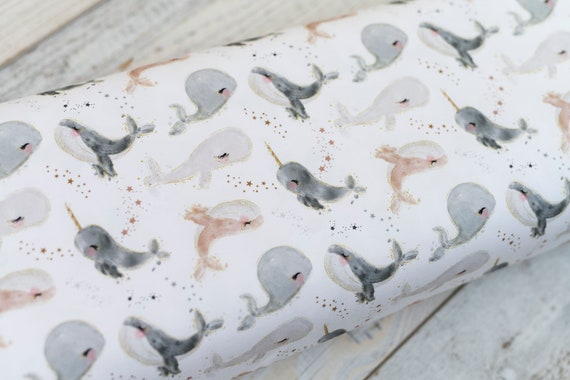 Jersey Stoff kleiner Wal - Aquarell - weiß - gold - rosa - Sterne