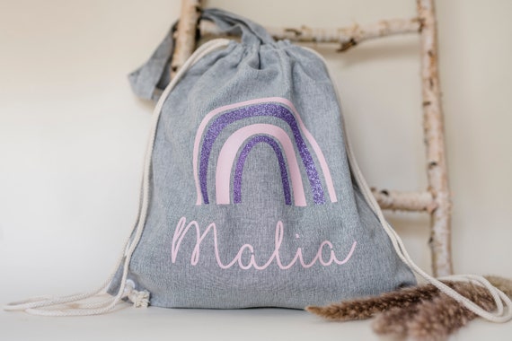 Personalisierter Stoff Rucksack/ Beutel Regenbogen Glitzer mit Kordelzug