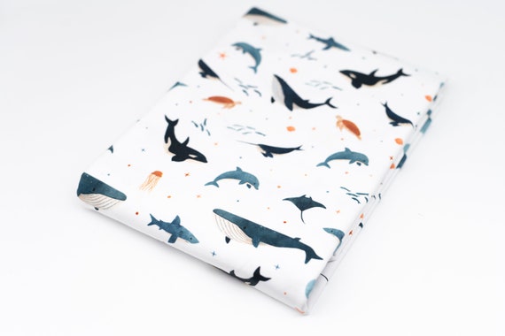 Jersey Stoff - Meerestiere - weiß - blau