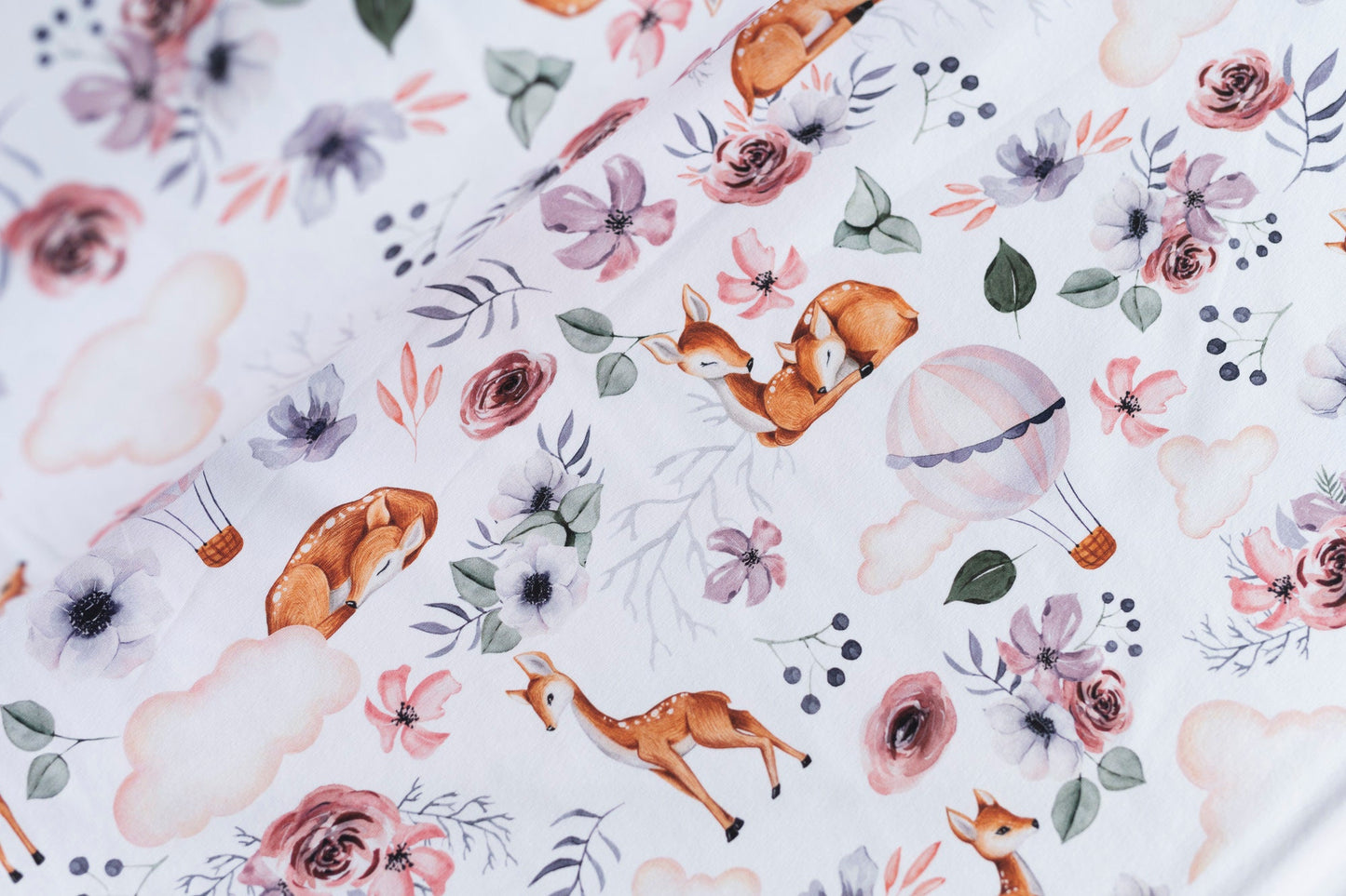 FRENCH TERRY Rehkitz Stoff - Aquarell - weiß - rosa - Boho - Blume