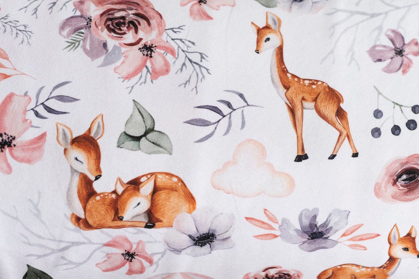 FRENCH TERRY Rehkitz Stoff - Aquarell - weiß - rosa - Boho - Blume