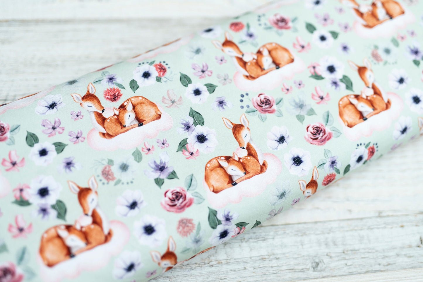 Jersey Rehkitz BIO (GOTS) Stoff - Aquarell - mint - rosa - Boho - Blume