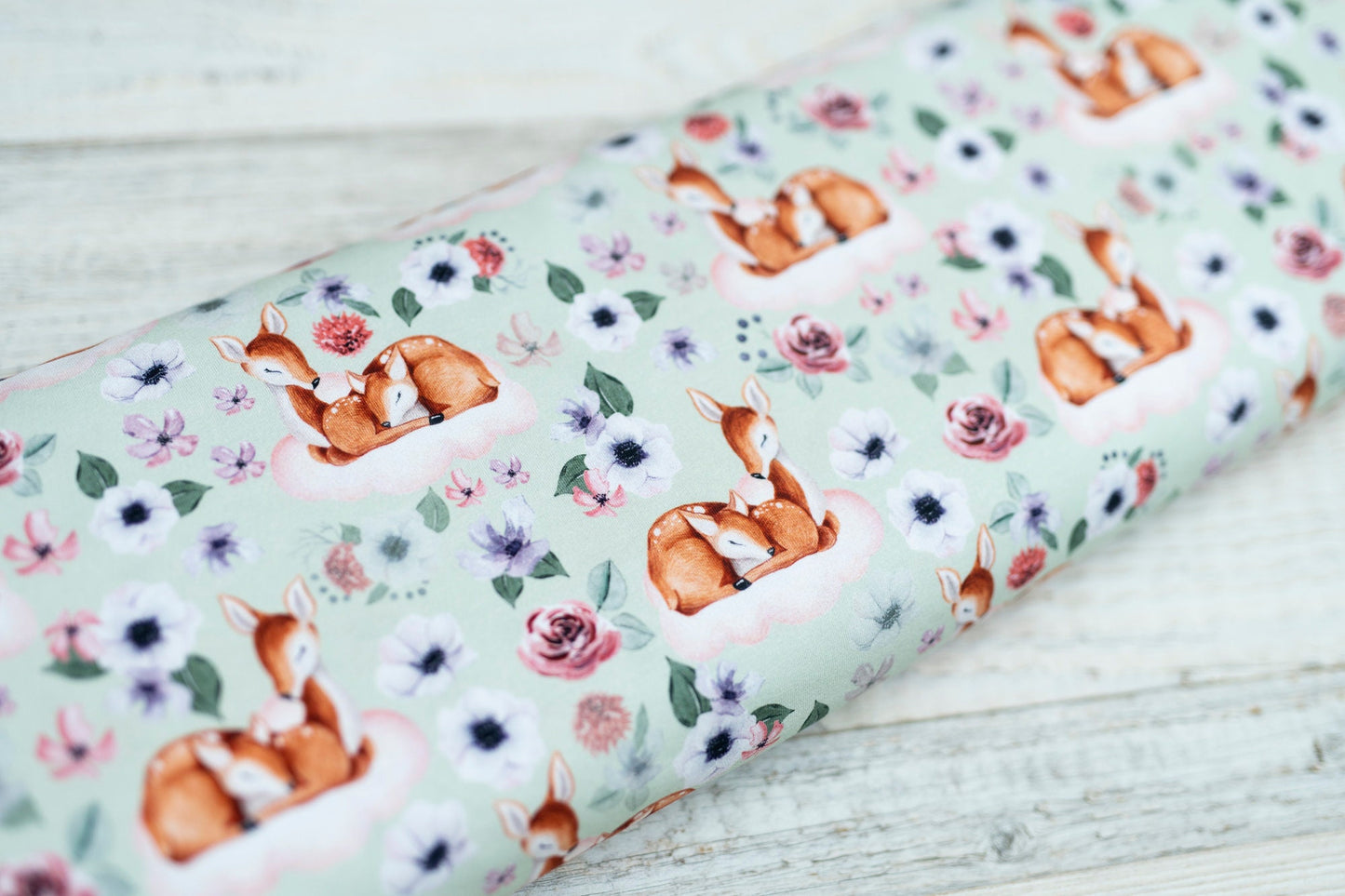 Jersey Rehkitz BIO (GOTS) Stoff - Aquarell - mint - rosa - Boho - Blume