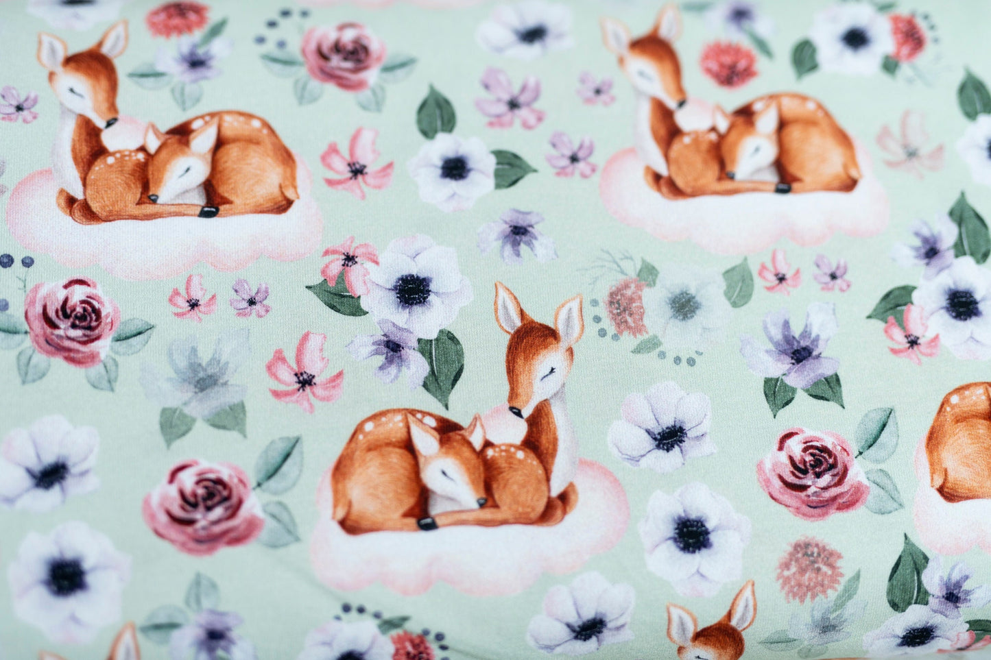 Jersey Rehkitz BIO (GOTS) Stoff - Aquarell - mint - rosa - Boho - Blume