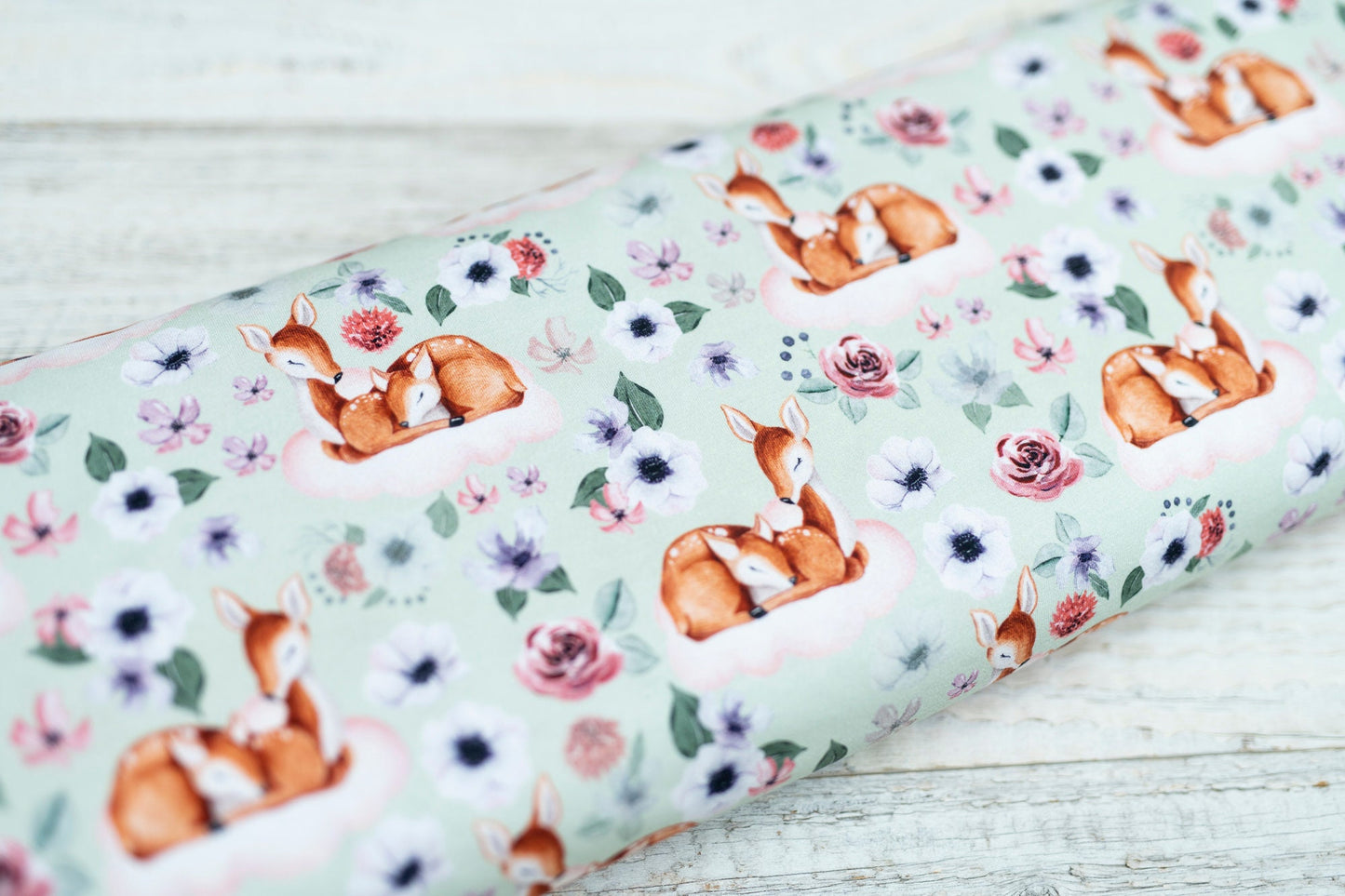 Jersey Rehkitz BIO (GOTS) Stoff - Aquarell - mint - rosa - Boho - Blume