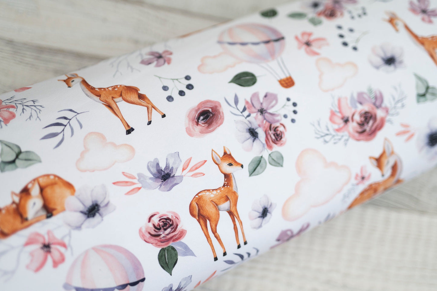 FRENCH TERRY Rehkitz Stoff - Aquarell - weiß - rosa - Boho - Blume