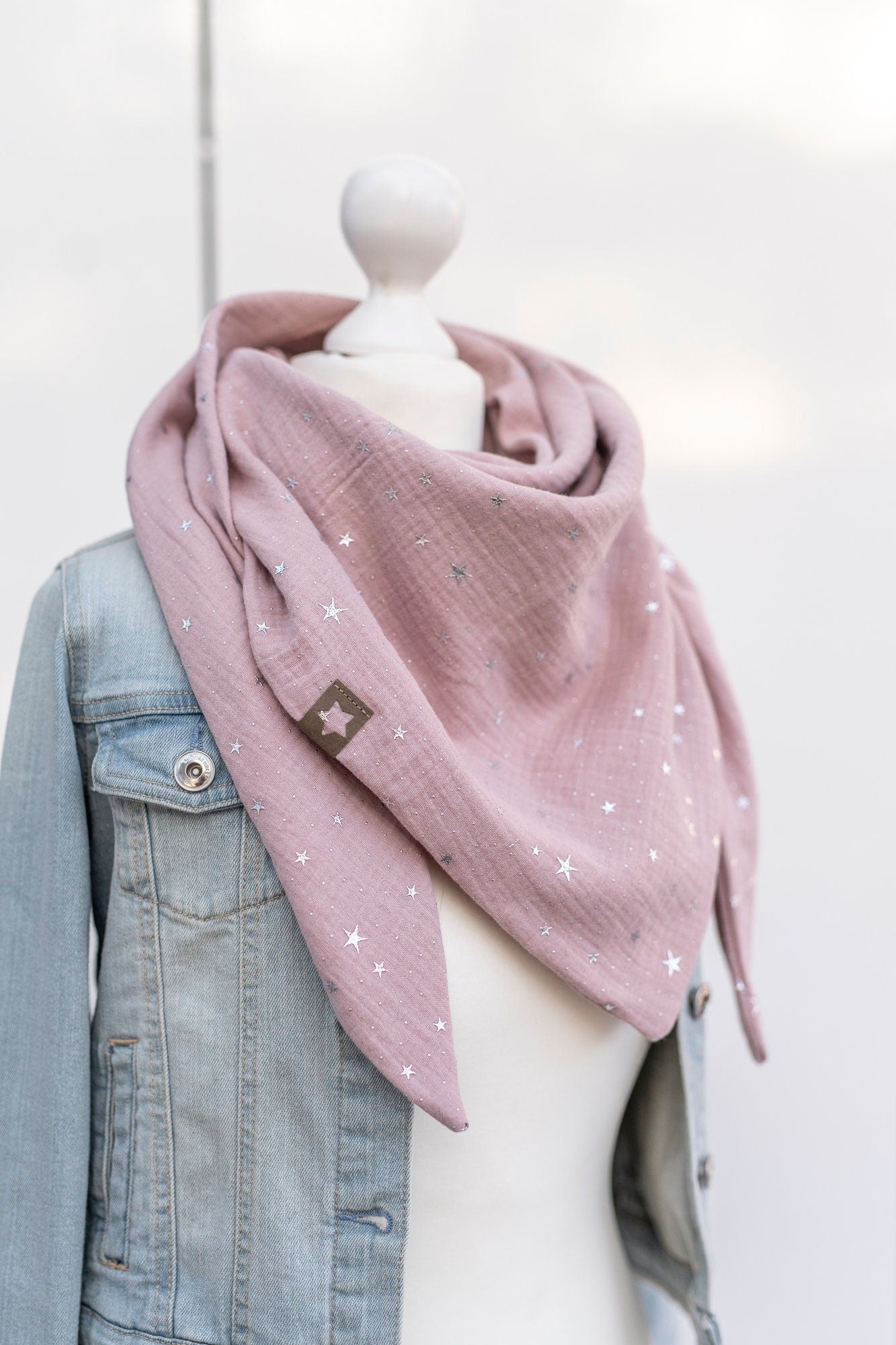 Musselin Dreieckstuch sepia rosé silver Stars große Kinder/ jugendliche