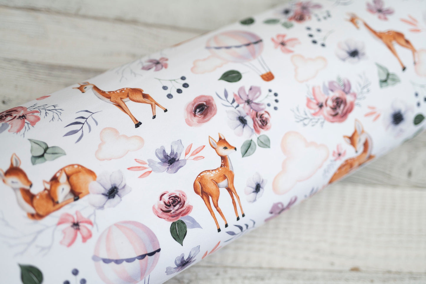 FRENCH TERRY Rehkitz Stoff - Aquarell - weiß - rosa - Boho - Blume