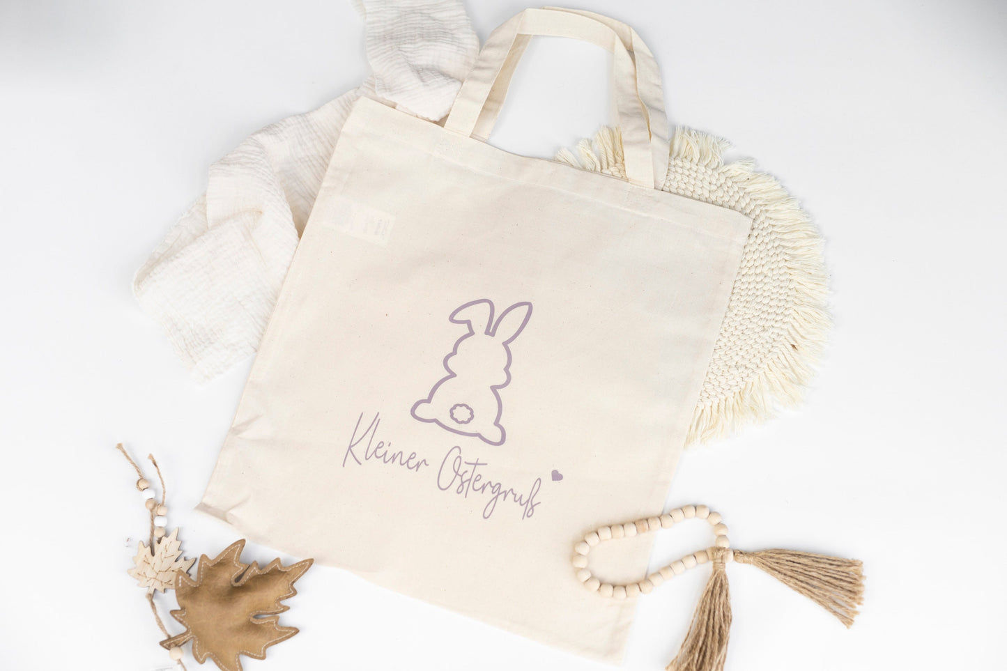 Jute Beutel Tasche kleiner Ostergruß Natur Vintage Flieder