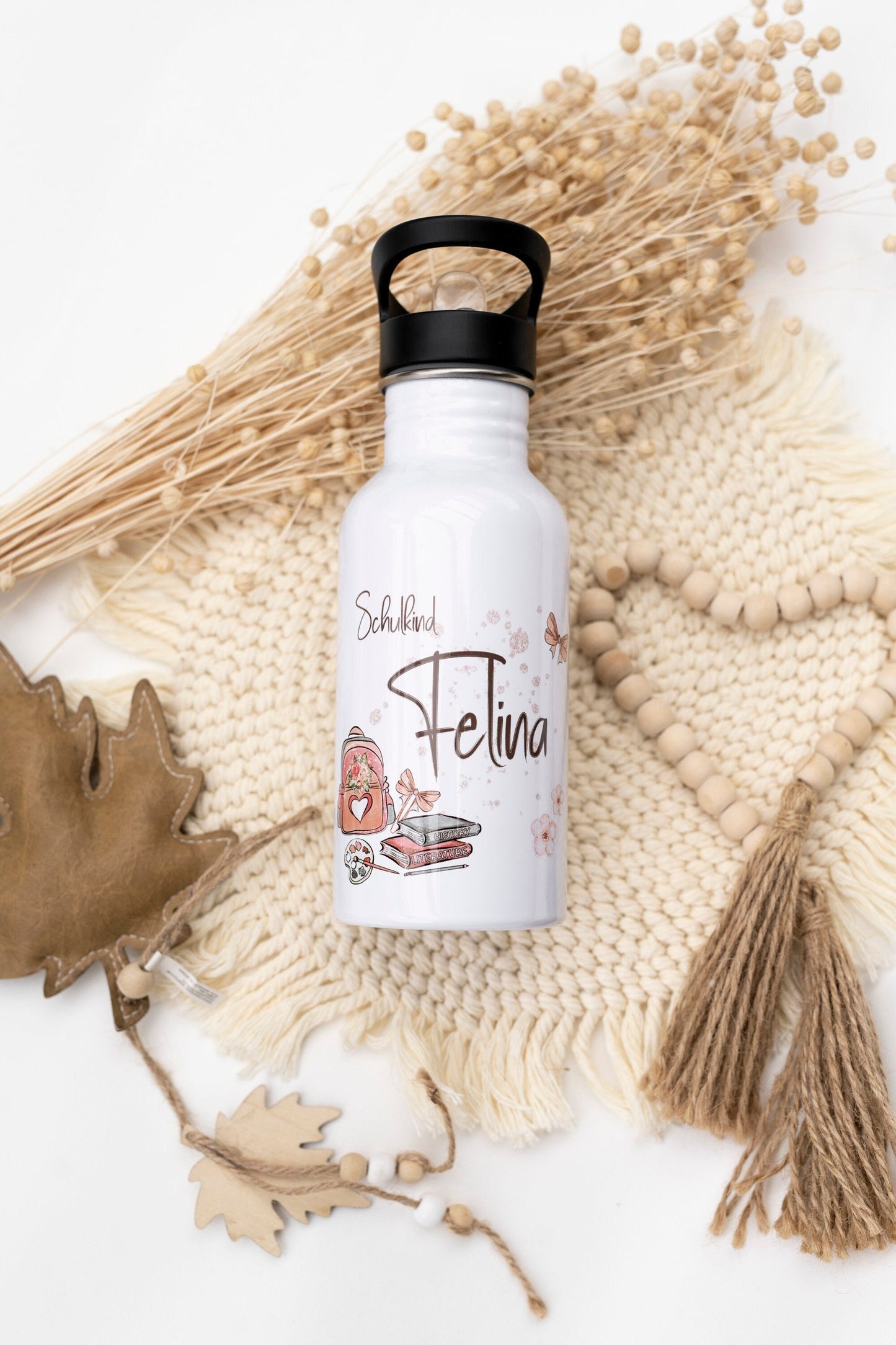 Personalisierte Kinder Trinkflasche weiß 500ml Einschulung Schule - Blumen