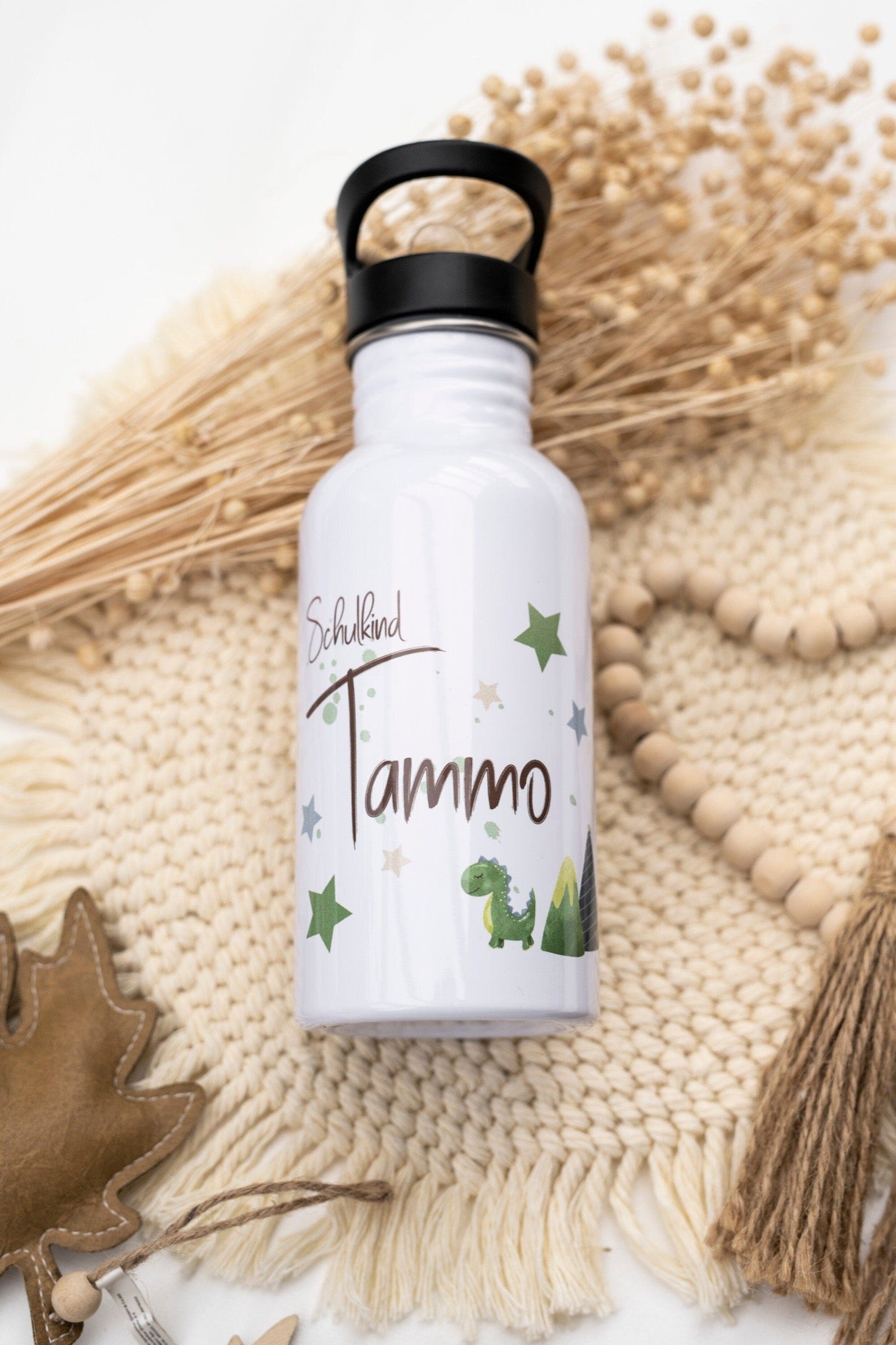 Personalisierte Kinder Trinkflasche weiß 500ml Einschulung Schule - Dino