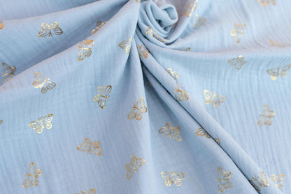 Musselin Stoff Schmetterling gold - hellblau