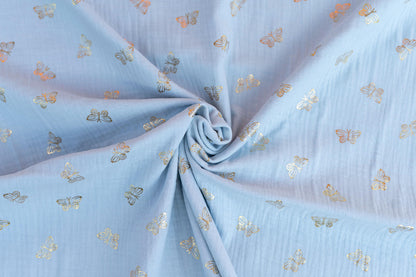 Musselin Stoff Schmetterling gold - hellblau