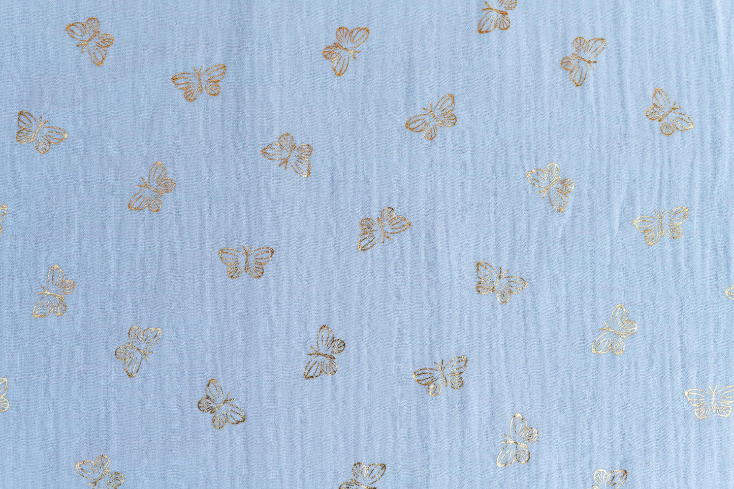 Musselin Stoff Schmetterling gold - hellblau