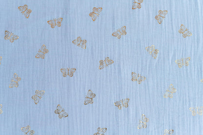 Musselin Stoff Schmetterling gold - hellblau