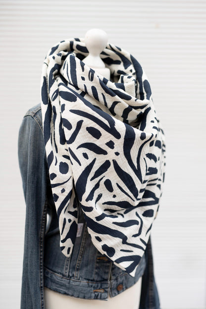 Musselin XXL Tuch Abstrakt Dreieckstuch - creme navy