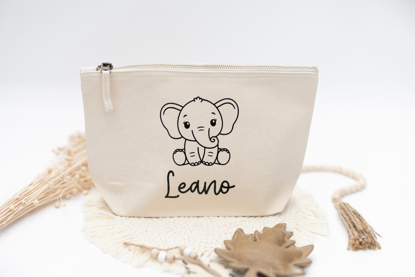 Windeltasche Name + Elefant personalisiert Natur beige Baumwolle