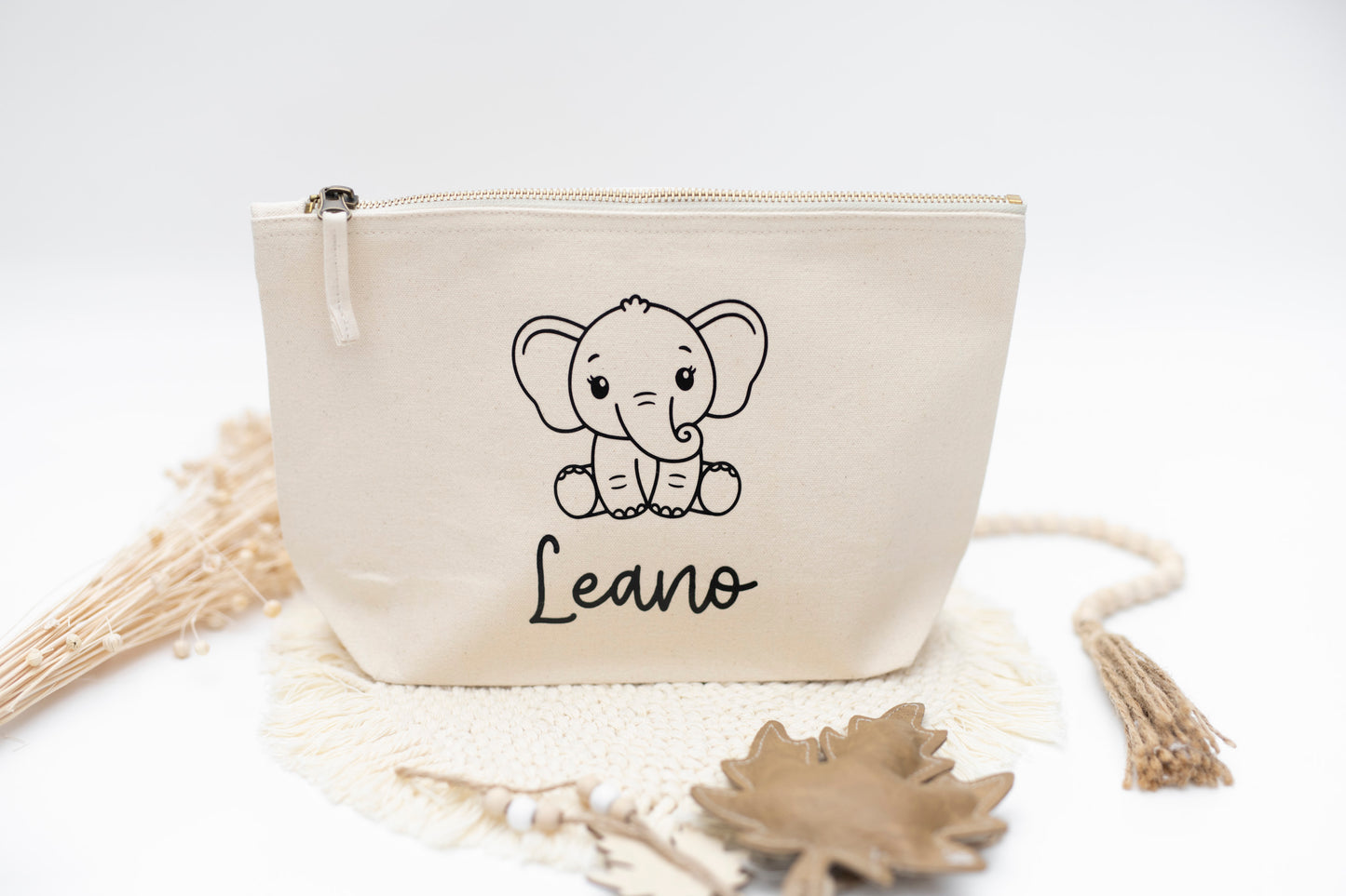 Windeltasche Name + Elefant personalisiert Natur beige Baumwolle