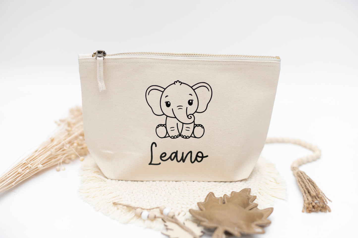 Windeltasche Name + Elefant personalisiert Natur beige Baumwolle