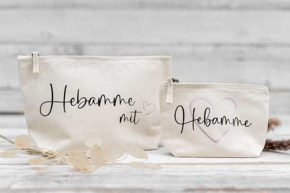 Kosmetiktasche Hebamme Natur beige Baumwolle mit Herz rosegold