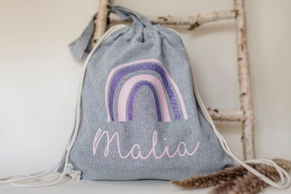 Personalisierter Stoff Rucksack/ Beutel Regenbogen Glitzer mit Kordelzug