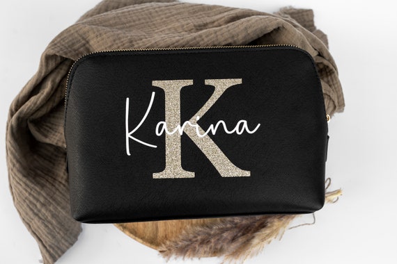 Kosmetiktasche Schminktasche Kunstleder schwarz Glitzer personalisiert Name Initialien