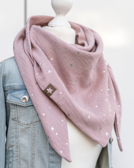 Musselin Dreieckstuch sepia rosé silver Stars große Kinder/ jugendliche
