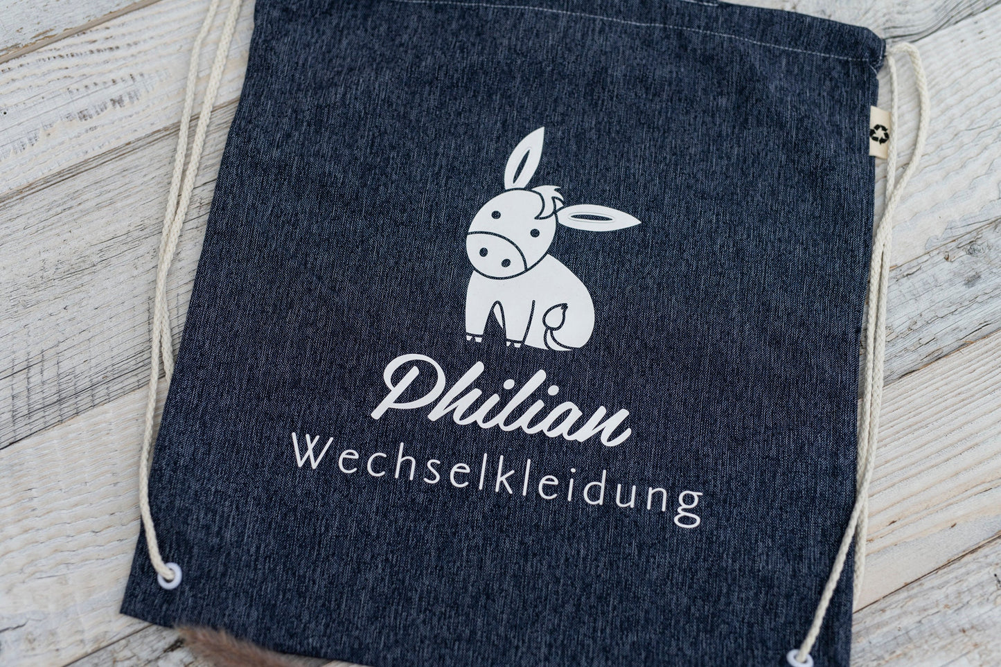 Personalisierter zuckersüßer Stoff Rucksack Tasche Esel Jeans weiß Kinder Kindergarten KiTa mit Kordelzug