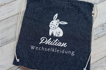 Personalisierter zuckersüßer Stoff Rucksack Tasche Esel Jeans weiß Kinder Kindergarten KiTa mit Kordelzug