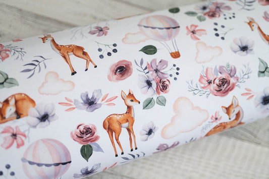 FRENCH TERRY Rehkitz Stoff - Aquarell - weiß  - rosa - Boho - Blume