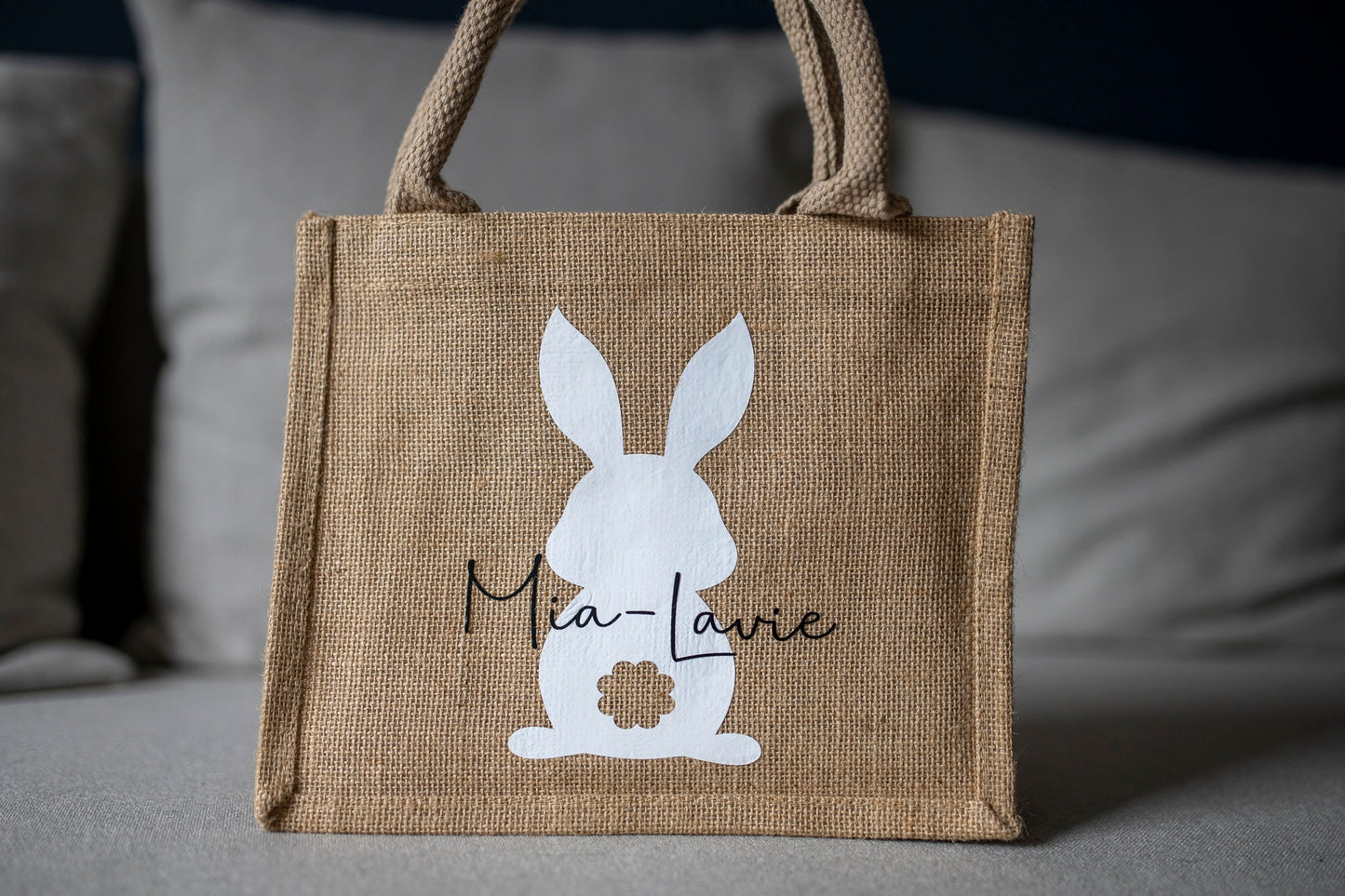 Kleine Jute Tasche Hase personalisiert Ostern weiß schwarz Ostereier