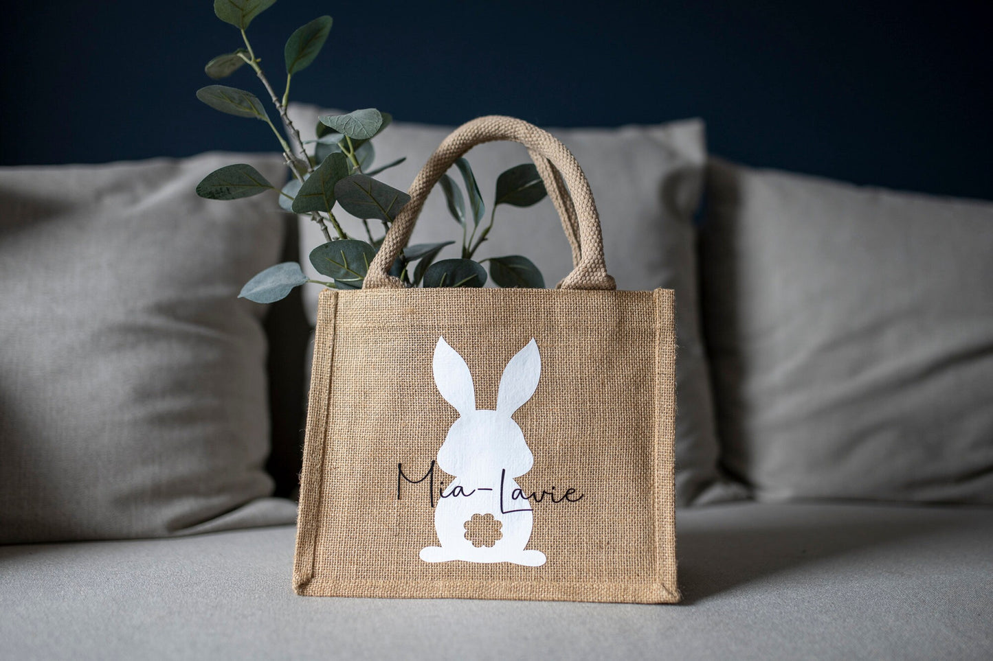 Kleine Jute Tasche Hase personalisiert Ostern weiß schwarz Ostereier