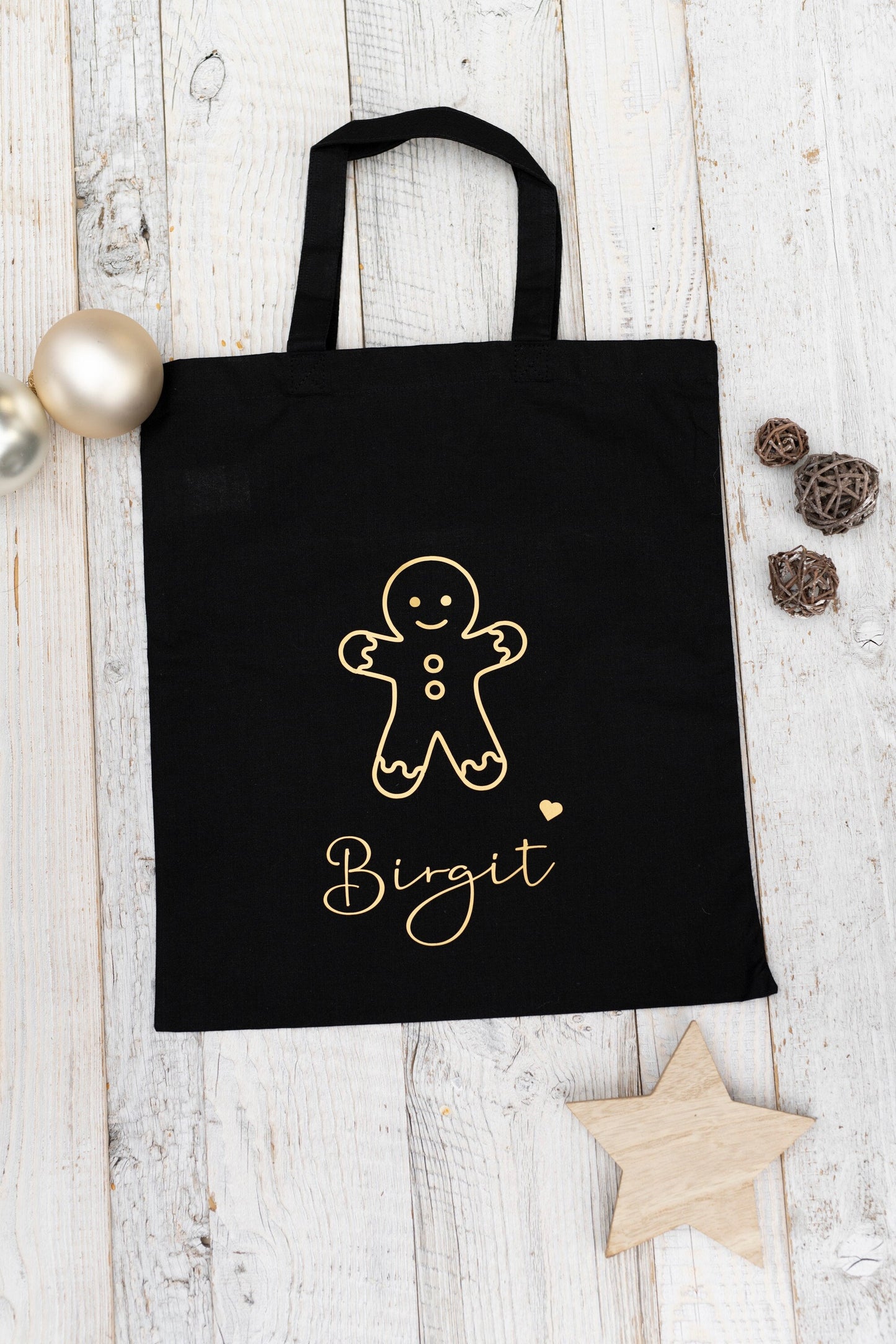 Jute Beutel schwarz Weihnachten Lebkuchen Mann personalisiert gold bedruckt