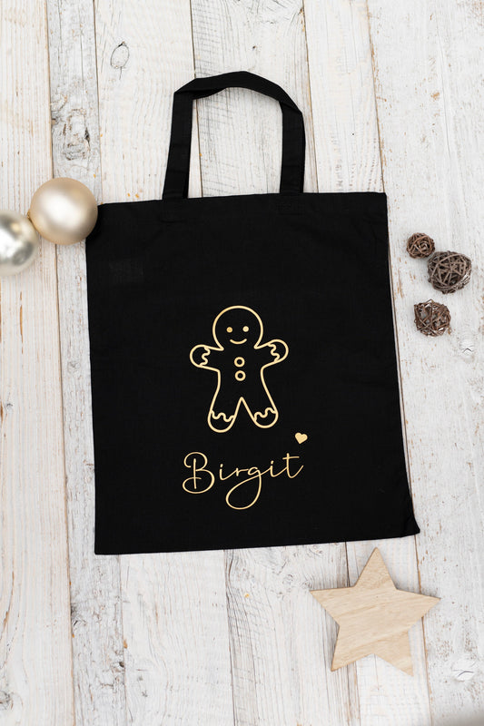 Jute Beutel schwarz Weihnachten Lebkuchen Mann personalisiert gold bedruckt